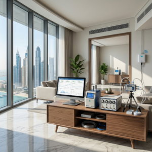 Advanced indoor air quality testing setup in a modern UAE apartment with sensors and monitors placed across rooms, realistic lighting, highly detailed instruments, no people, square composition