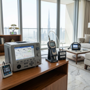 Advanced indoor air quality testing setup in a modern UAE apartment with sensors and monitors placed across rooms, realistic lighting, no people, highly detailed instruments, square composition