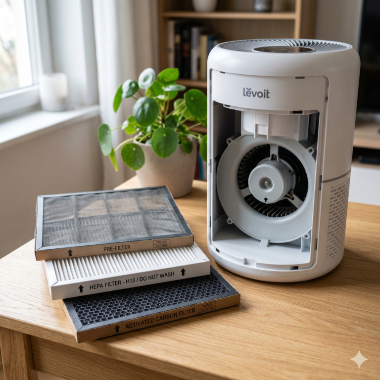 Air purifier with pre-filter, HEPA, and carbon layers neatly displayed in a clean indoor setting
