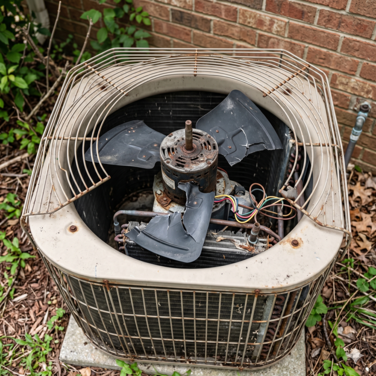 Broken AC fan blade on outdoor unit showing visible damage