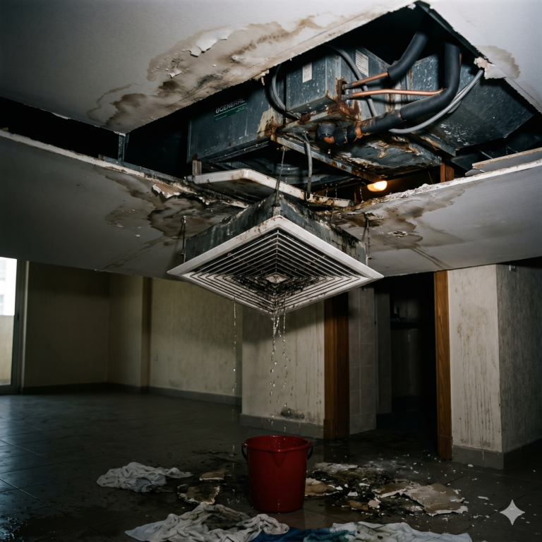 Broken AC unit leaking water from ceiling vent in UAE apartment, realistic low-light setting, no people