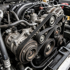 Car engine close-up showing serpentine belt and AC compressor pulley with slight wear marks, realistic lighting, high-detail mechanical focus, no people