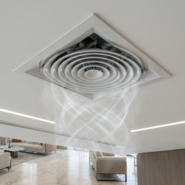 Ceiling AC vent with soft airflow movement and slight grille vibration in a clean modern UAE interior under realistic lighting
