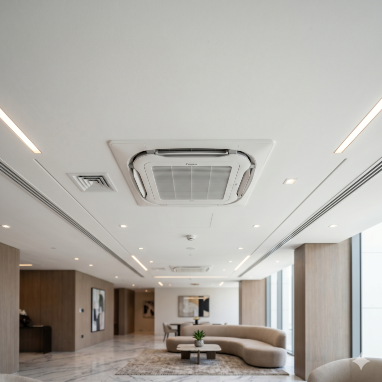 Ceiling cassette AC with 4-way airflow in a clean modern UAE interior, sleek ceiling integration and realistic lighting