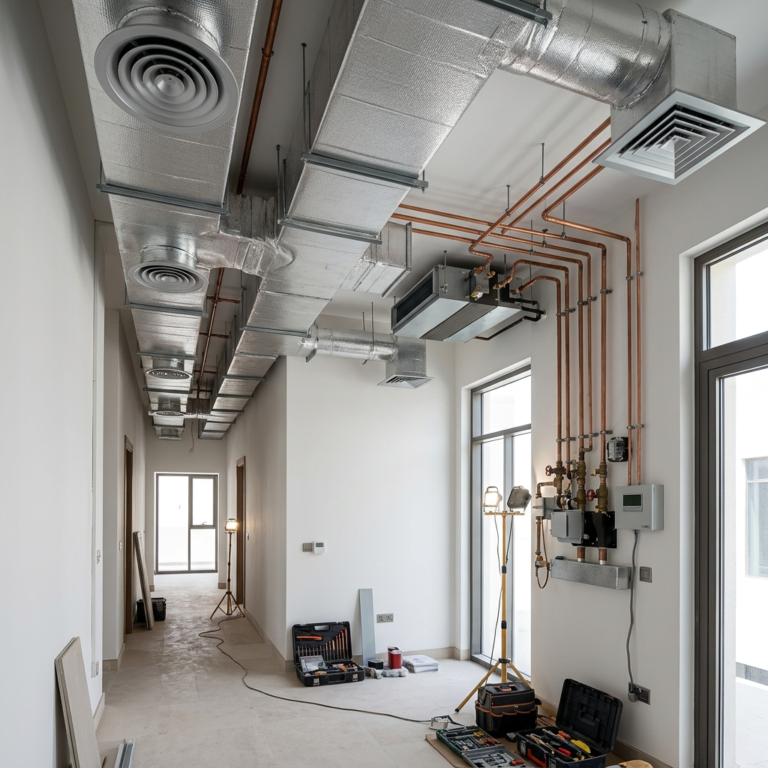Central AC system installation process in a modern UAE villa