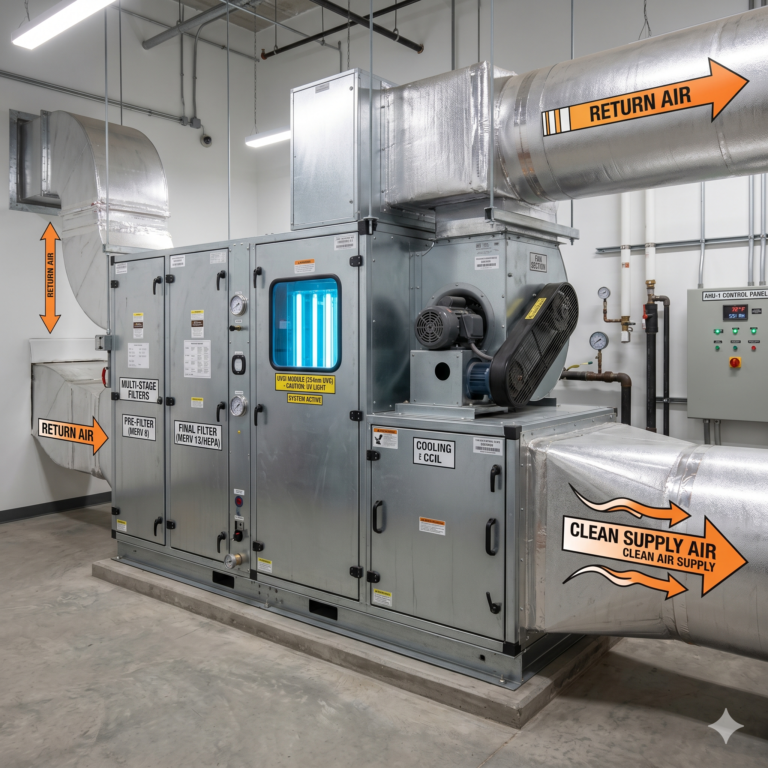 Clean air system HVAC unit with filters and airflow diagram