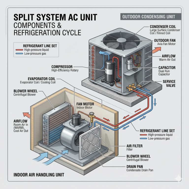 Clean technical diagram of indoor and outdoor AC components labeled with compressor, fan motor, capacitor, and coils in a realistic layout