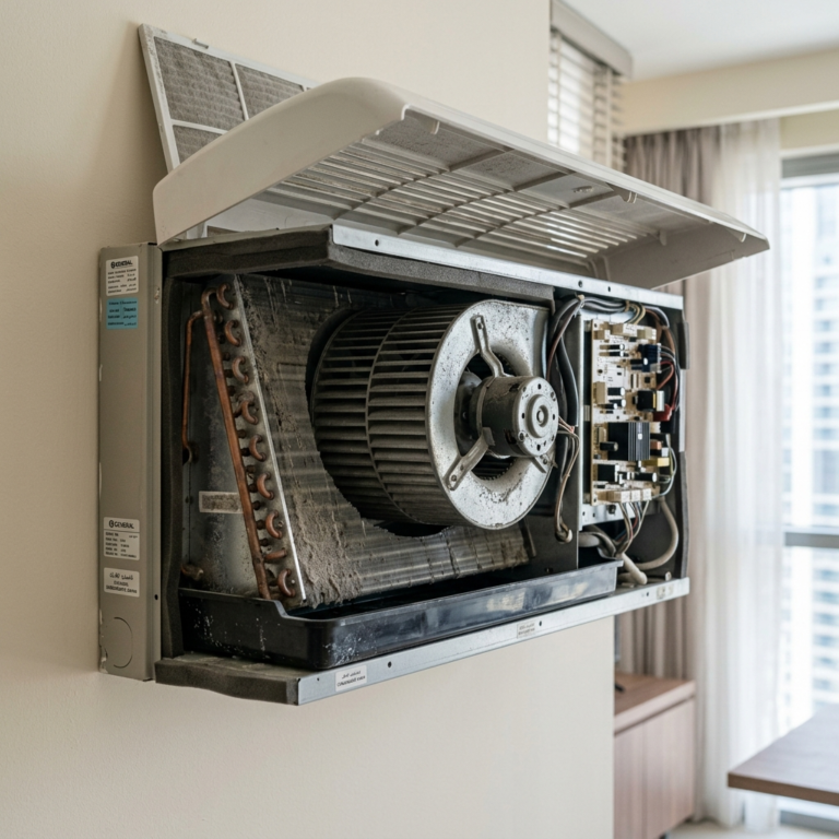 Close up AC indoor unit showing internal components and dust buildup