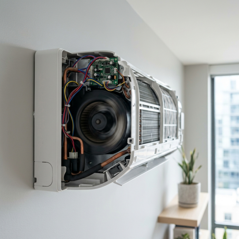 Close up AC indoor unit showing internal components during inspection
