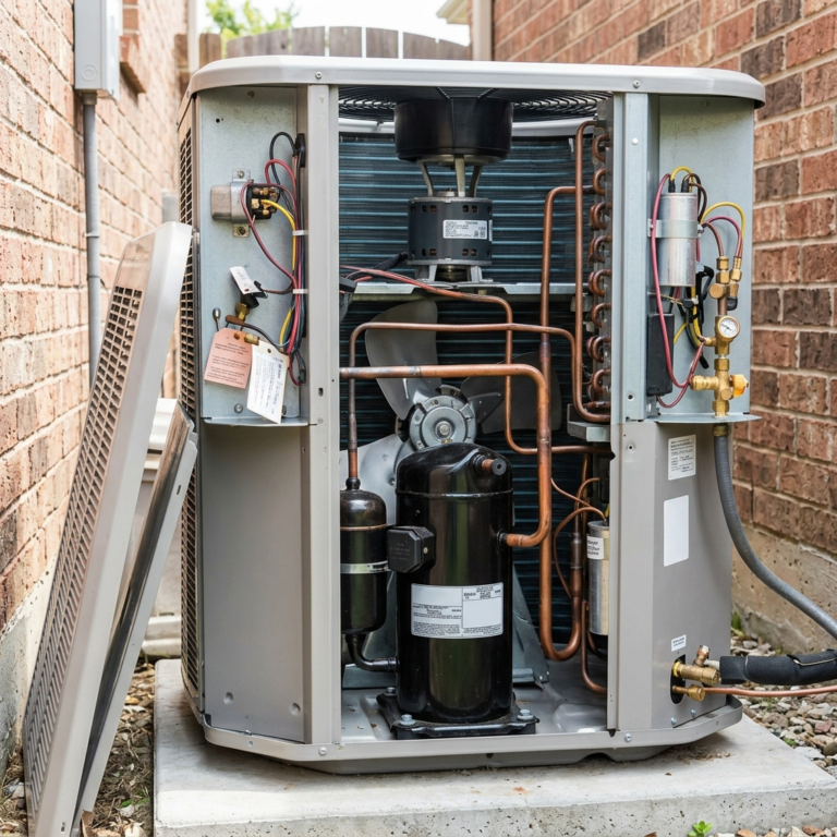 Close up AC outdoor unit internal components showing motor and fan area
