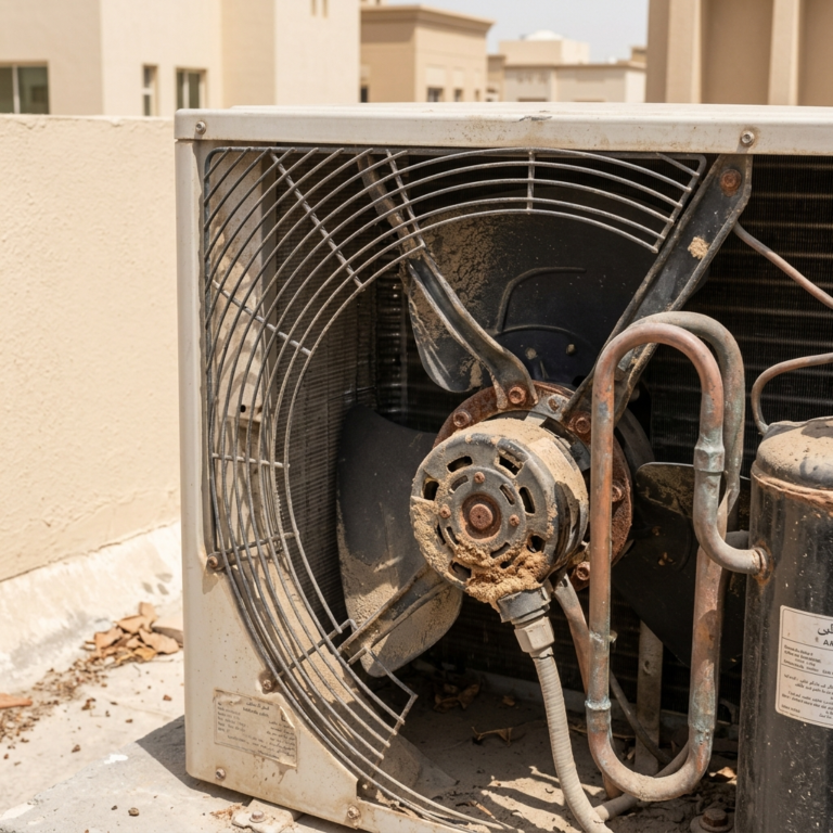 Close-up AC outdoor unit showing motor and fan detail