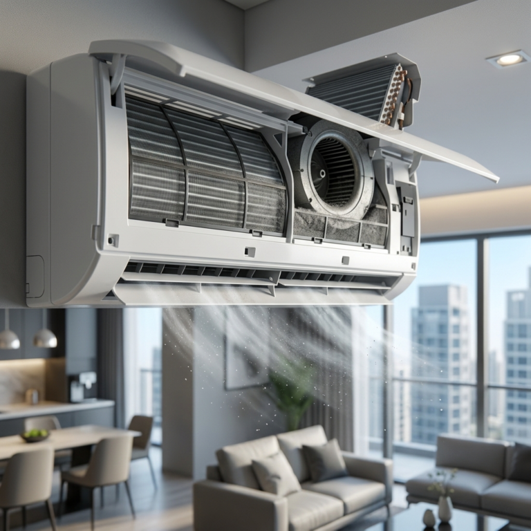 Close-up indoor AC unit showing airflow and internal components