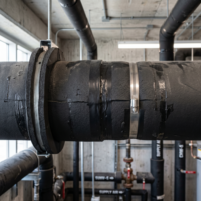 Close-up insulated AC duct with sealed joints in a clean indoor mechanical room - detailed texture realistic lighting