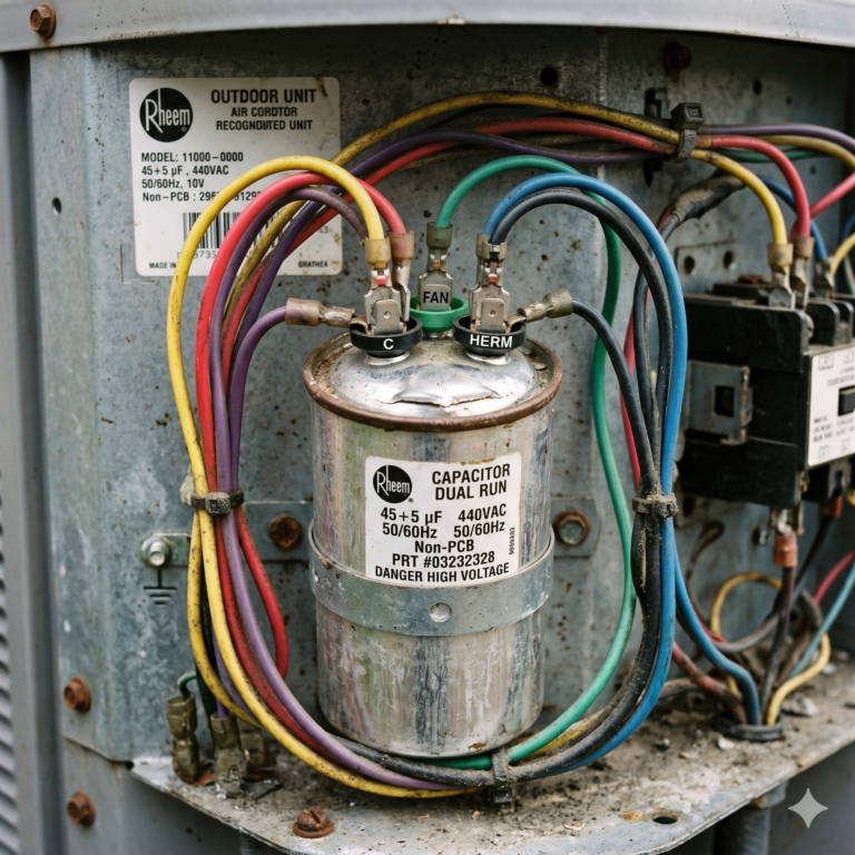 Close-up of AC capacitor in outdoor unit panel with labeled terminals (C, FAN, HERM), slight bulging top, and detailed wiring under realistic lighting