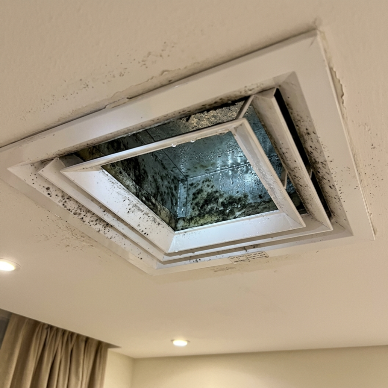 Close-up of AC vent showing black mold spots, dust buildup, and moisture inside ducts in a UAE apartment, realistic lighting, no people