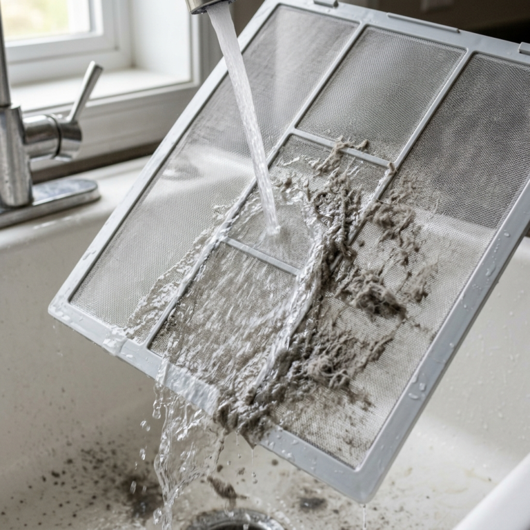 Close-up of washable AC filter rinsed in reverse flow removing dust clean indoor realistic lighting high detail square no people