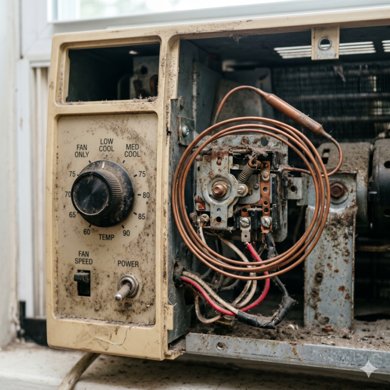 Close-up of window AC control panel showing exposed thermostat tube and dial, dusty interior with realistic detail, no people