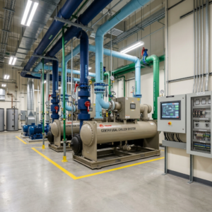 Commercial HVAC plant room with chiller system and control panels