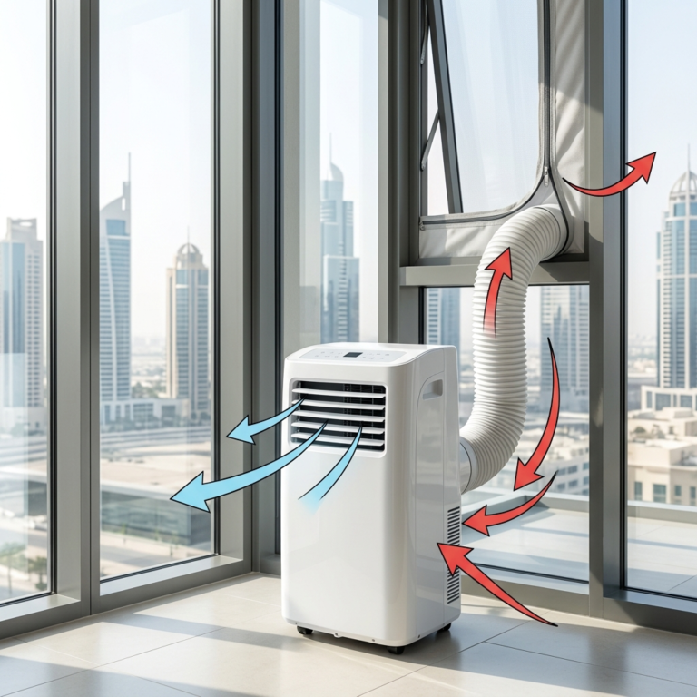 Compact portable air conditioner vented through a sealed window kit in a modern UAE apartment, with realistic lighting and visible airflow arrows, clean setup, no people