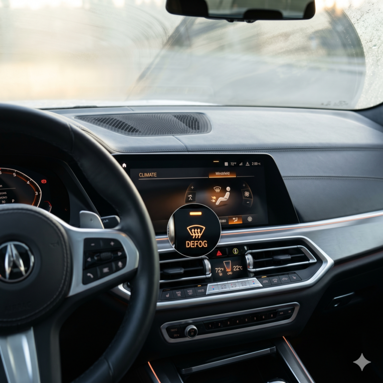 Dashboard AC settings focused on defog mode for clear windshield