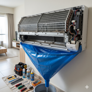 Detailed AC deep cleaning process with internal components exposed