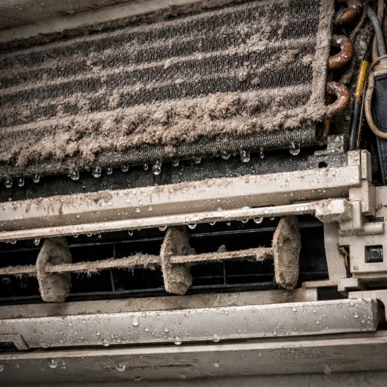 Dirty AC unit with dust and moisture inside