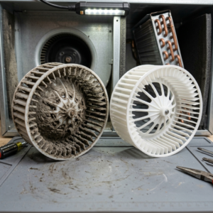 Dirty vs clean AC blower wheel comparison showing heavy dust buildup and restored condition