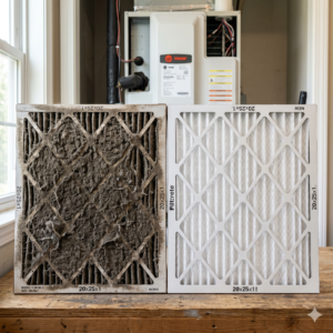 Dirty vs clean AC filter comparison in modern HVAC unit, close-up detail, no people