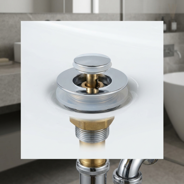 Drain stopper installation detail with gasket and metal pop up