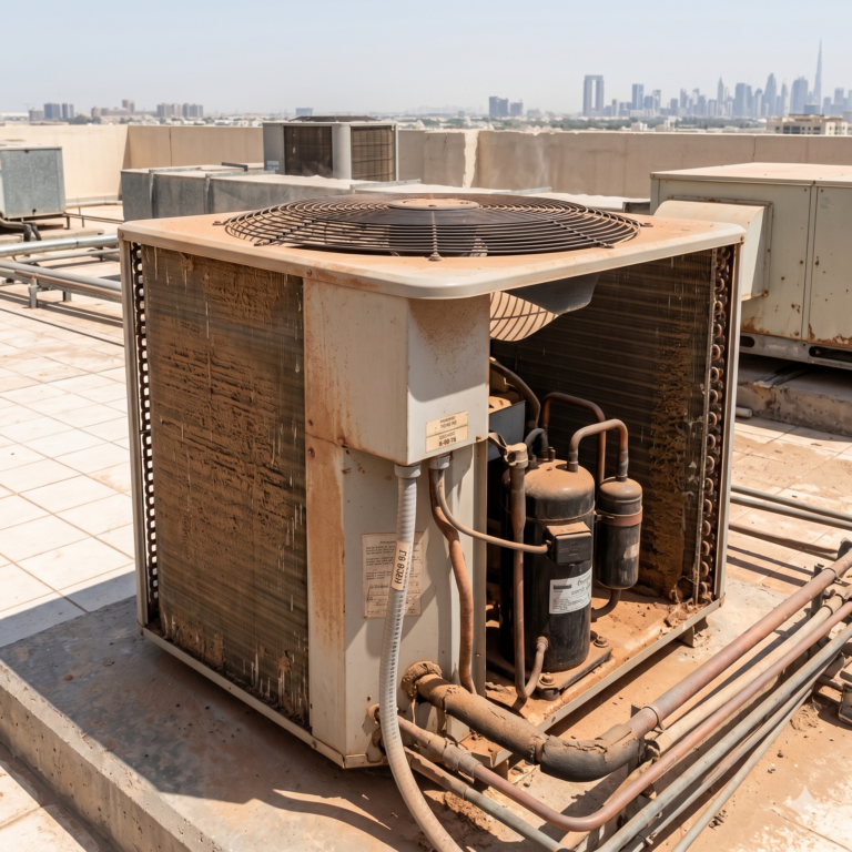 Dust-covered rooftop AC condenser in Dubai with visible coil buildup and heat distortion under realistic lighting