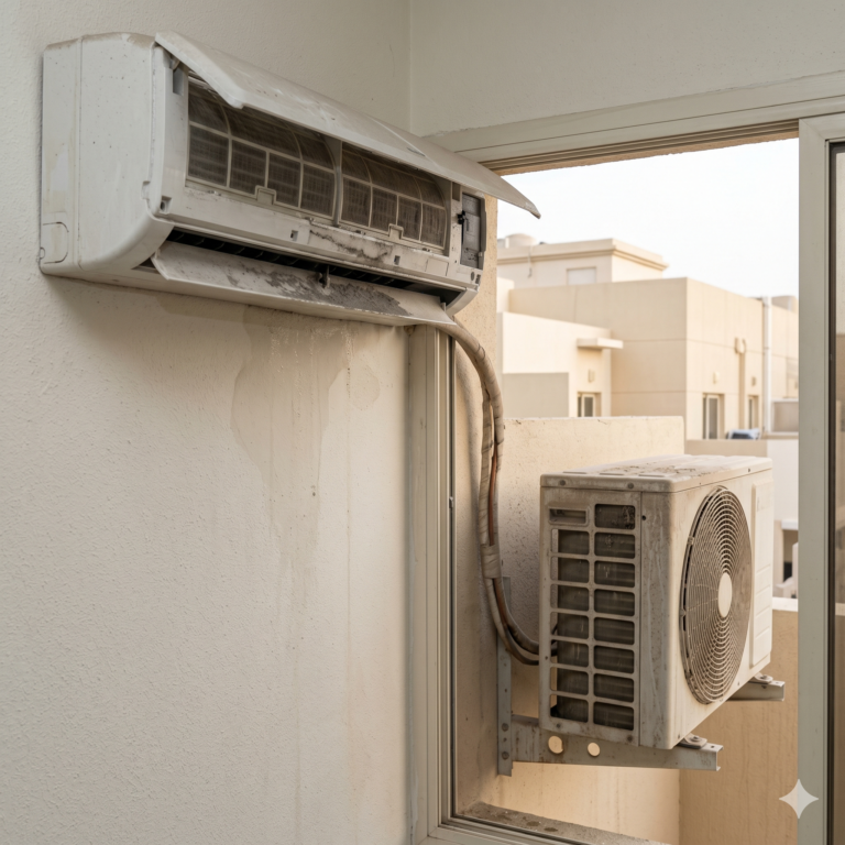 Dusty split AC leaking water—clear signs of poor maintenance in harsh UAE conditions