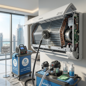 Emergency AC deep cleaning with open coil and rotary brush equipment in a modern UAE apartment, highly detailed and realistic setup
