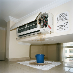 Emergency AC unit with open panel showing burnt capacitor and ceiling leakage warning in a UAE apartment setting