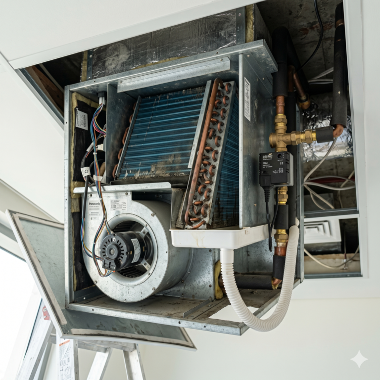 Fan coil unit inside ceiling showing internal components in UAE apartment