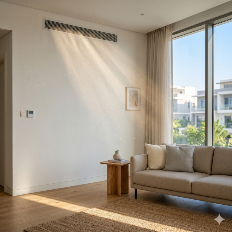 Fine dust particles visible in sunlight inside a clean UAE living room