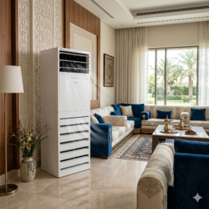 Floor-standing tower AC in a modern UAE villa majlis with strong airflow and sleek high-detail finish, no people, square composition