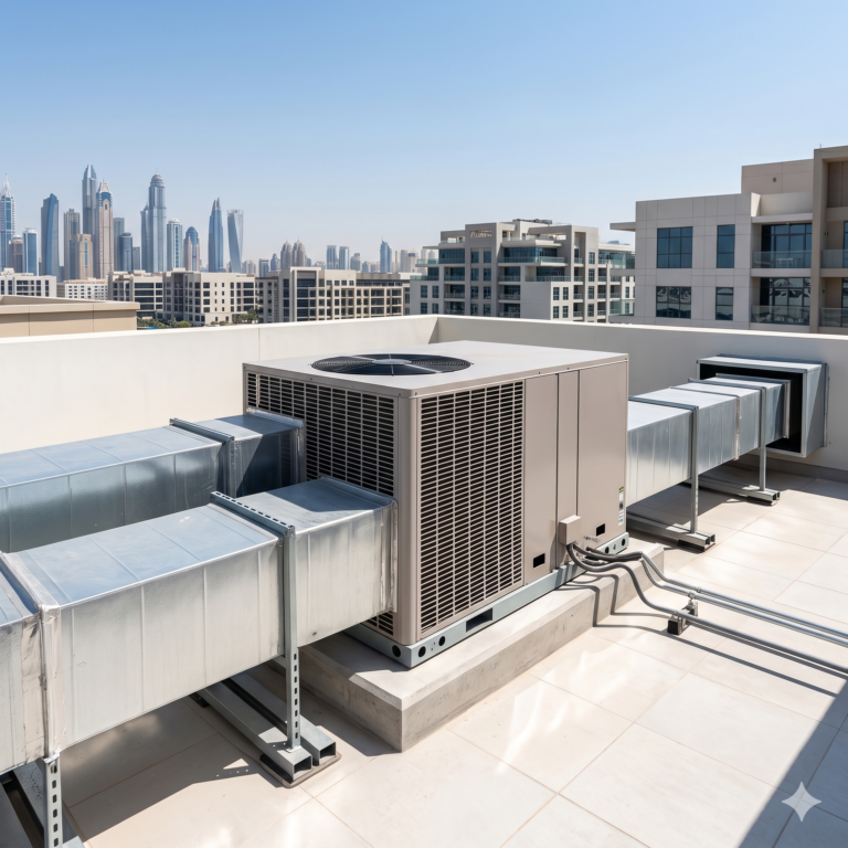 New AC unit installation on rooftop system with clean duct setup