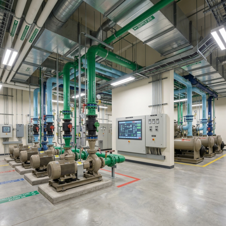 HVAC plant room design with chilled water system and duct layout