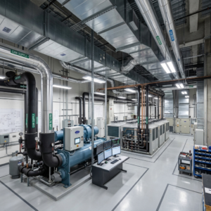 HVAC system installation in large commercial building mechanical room