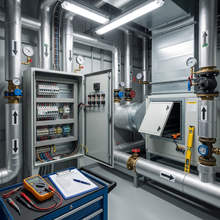 HVAC technician checking mechanical room system in UAE building