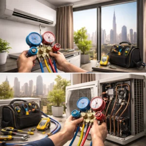 HVAC technician inspecting AC system in a modern Dubai property