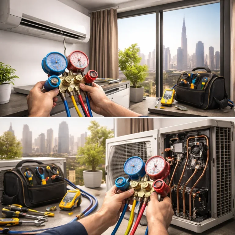 HVAC technician inspecting AC system in a modern Dubai property