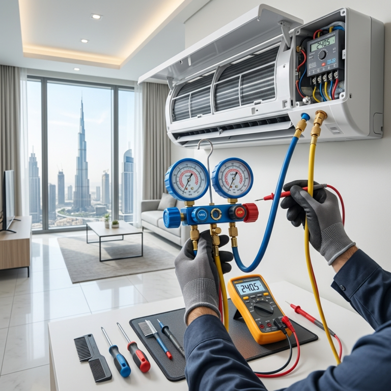 HVAC technician inspecting AC system with professional tools in UAE setting