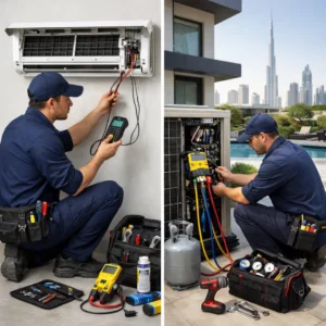 HVAC technician servicing AC system in modern Dubai property