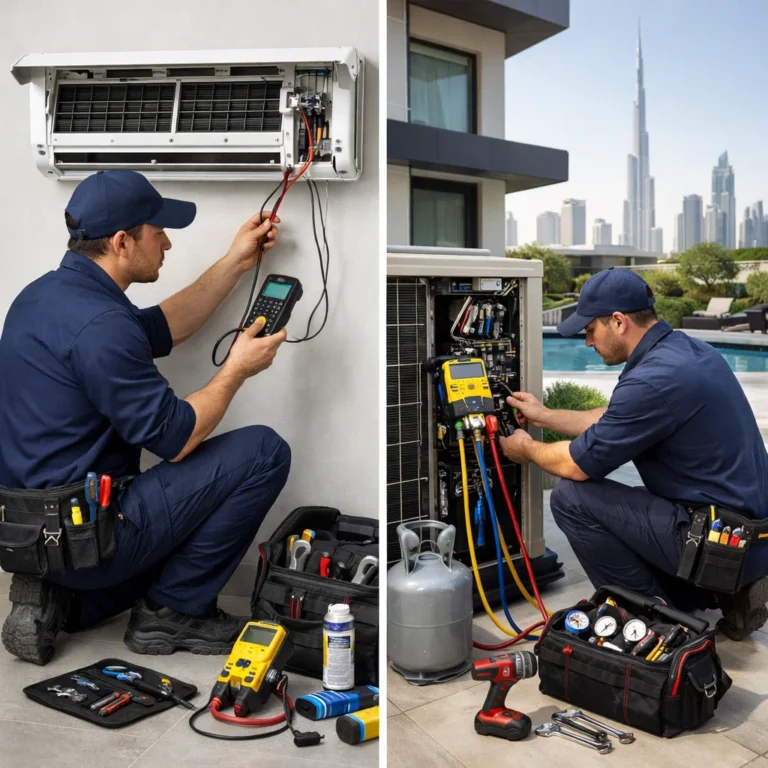 HVAC technician servicing AC system in modern Dubai property