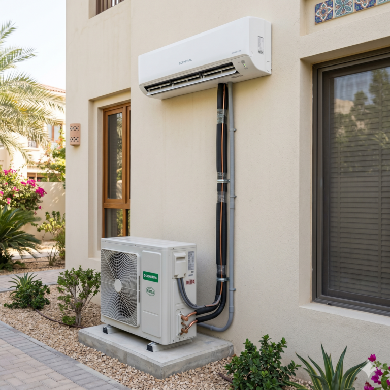 Indoor AC unit connected to outdoor condenser in UAE environment