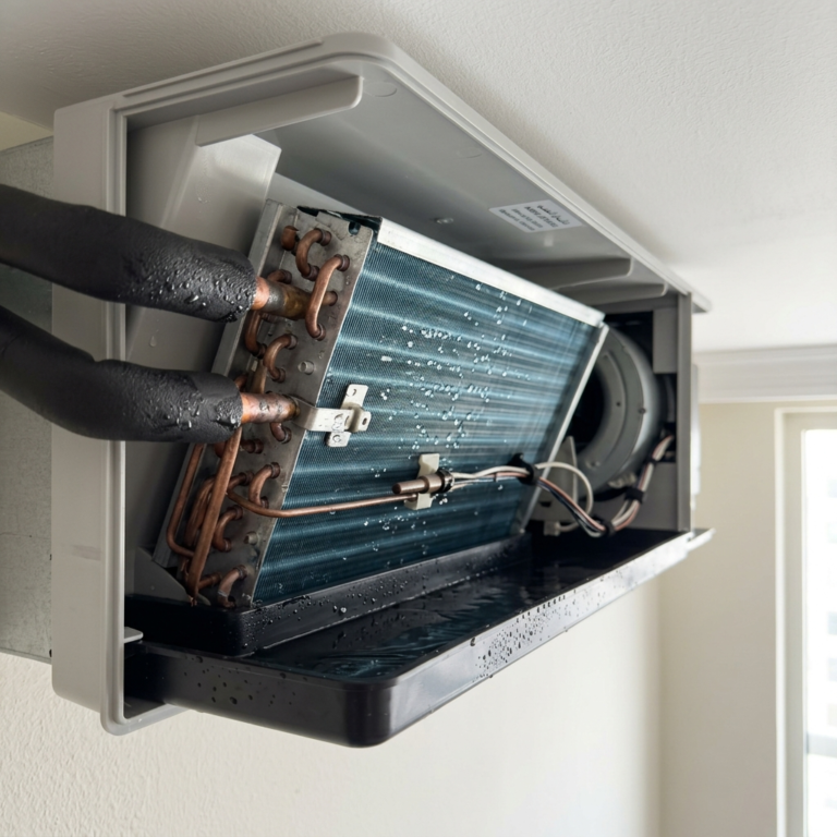 Indoor AC unit showing water droplets and condensation near drain system