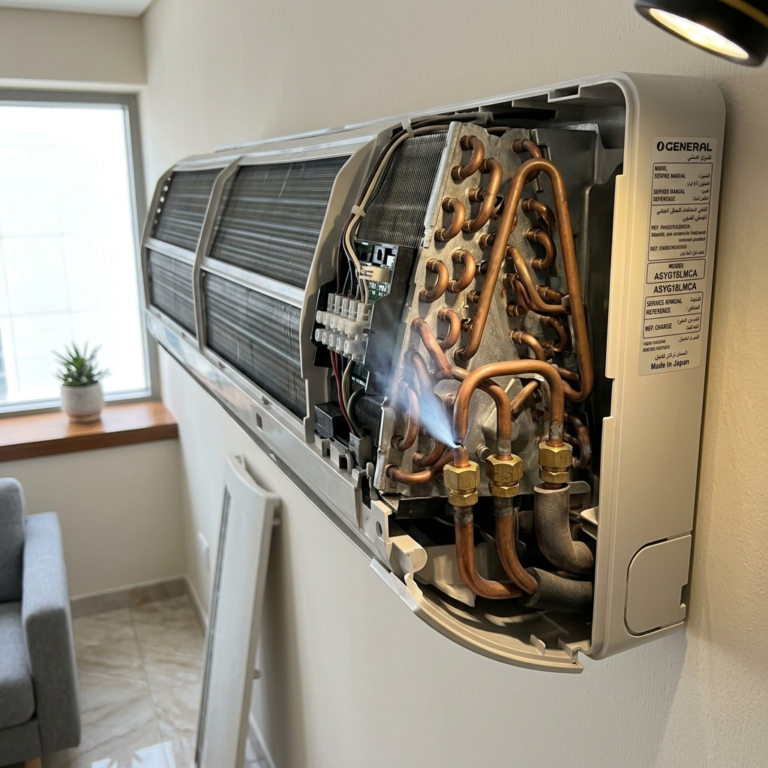 Indoor AC unit with open panel showing copper pipes and evaporator coil, subtle air leak visible, realistic lighting in a modern UAE apartment, no people