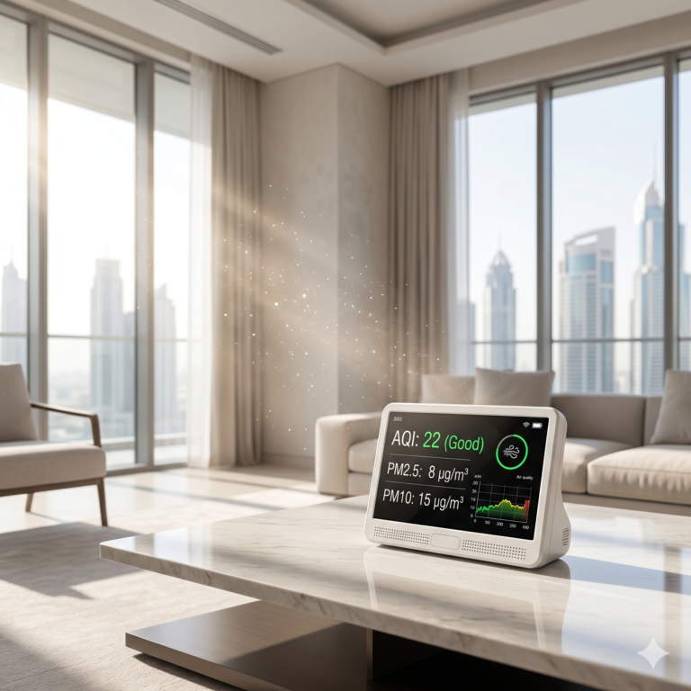 Indoor air quality monitor displaying dust levels in a modern UAE living room clean minimal interior realistic lighting no people