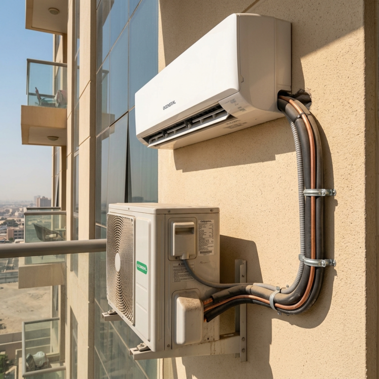 Indoor and outdoor AC units connected with insulated copper piping on a UAE building exterior